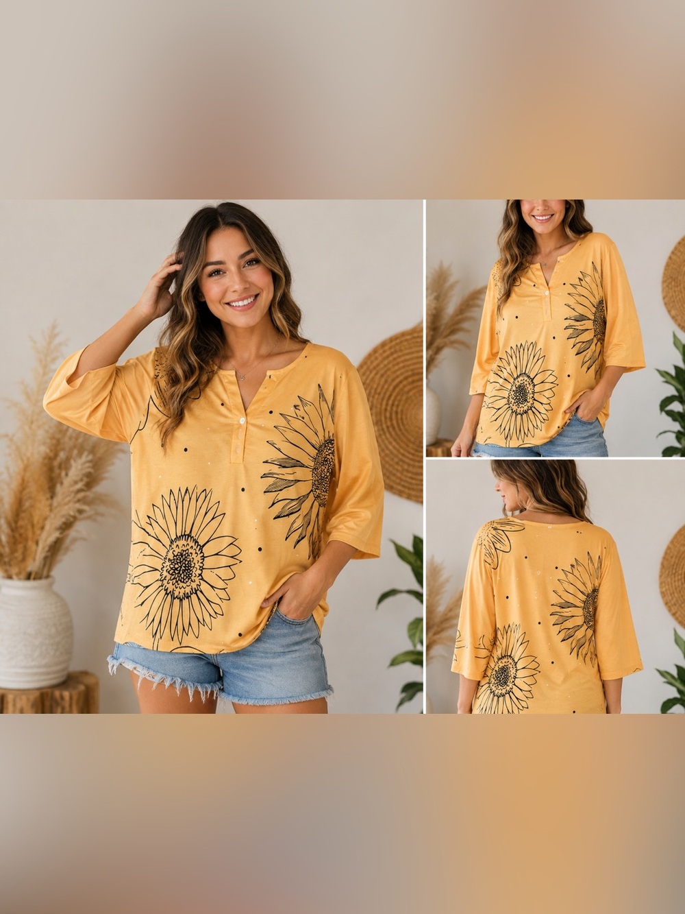 Women’s Size Small Mustard Sunflower Henley Top – 3/4 Sleeve Casual Blouse